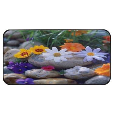 Imagem de STAYTOP Pedras e flores tapetes de cozinha 99 × 20 polegadas, tapetes acolchoados antiderrapantes laváveis poliéster antifadiga conforto alpendre tapete capacho decoração de casa de fazenda