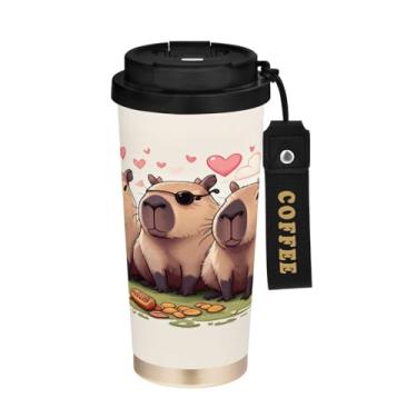 Imagem de STAYTOP Caneca de café com isolamento térmico de três capivaras de 500 ml, copo de café reutilizável de aço inoxidável com tampa flip à prova de vazamento, à prova de derramamento, para escritório