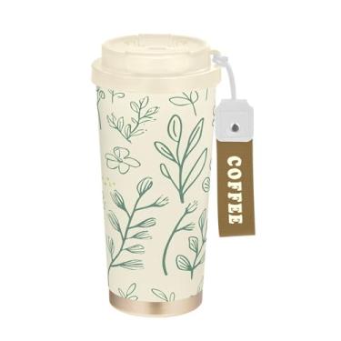 Imagem de Wassud Simple Line Art Leaves Caneca de café isolada para viagem copo à prova de vazamento com tampa e canudo garrafa de água de aço inoxidável para café quente/gelo, chá e cerveja