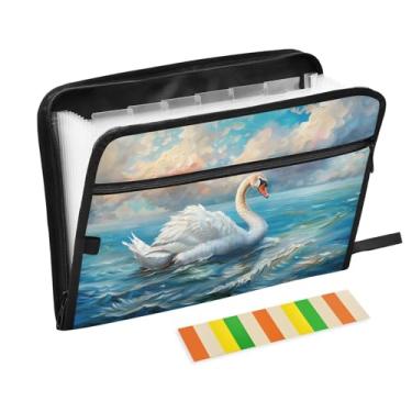 Imagem de CEBUGI Pasta expansível de 13 bolsos, impermeável, sanfonada, organizador de arquivos com etiquetas tamanho A4, organizador de documentos de papel para escola, material de escritório, cisne branco