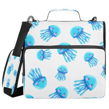 Imagem de Qilmy Fichários com zíper com alça de ombro, fichário de 3 anéis de 3 cm, capacidade de 500 folhas, pasta organizadora e pasta de arquivos expansível - água-viva azul 295