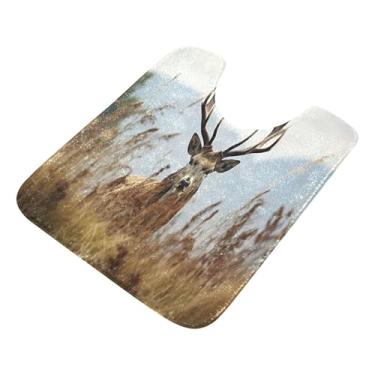 Imagem de Burbuja Tapete de banheiro Deer in Forest, tapete de banho absorvente de pelúcia macio, base antiderrapante para piso de banheiro, oval em forma de U
