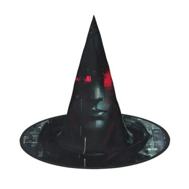 Imagem de SKKNT Chapéu de bruxa de Halloween com estampa da era do hacker, acessório de carnaval, acessório para festas, eventos temáticos