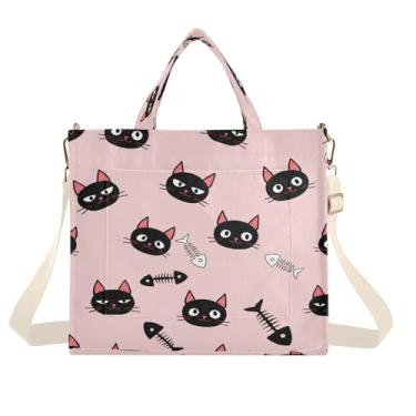Imagem de CEBUGI Bolsa feminina preta com esqueletos de peixe e gato com alça de ombro ajustável para trabalho, viagem universitária, P, A350, Small