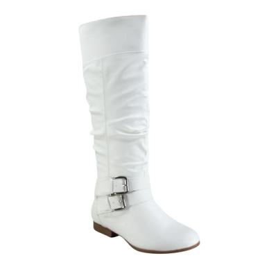 Imagem de TZ Lily-20 Bota feminina de cano alto, salto baixo, com zíper lateral e fivelas, Branco, 35