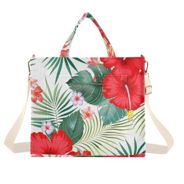 Imagem de Burbuja Sacola feminina com flores de hibisco vermelho, bolsa tiracolo de veludo cotelê para compras, trabalho, viagens, C340, Medium