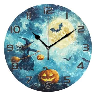 Imagem de YETTASBIN Relógio de parede de bruxa de Halloween, silencioso, sem tique-taque, operado por bateria, relógio redondo decorativo criativo para cozinha, sala de estar, banheiro, decoração de escritório