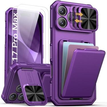 Imagem de SSLOTSCASE Capa para iPhone 17 Pro Max com 2 películas protetoras de tela, HD Clarity antiarranhões, porta-cartões, capa de lente deslizante e suporte, capa de proteção resistente para iPhone 17 Pro