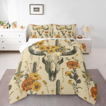 Imagem de Erosebridal Conjunto de edredom casal de caveira de touro | Conjunto de cama floral vintage tropical antigo misterioso com estampa boho tribal com estampa boho e quente, 3 peças com 2 fronhas