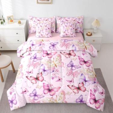 Imagem de Feelyou Conjunto de edredom fofo de borboleta com 7 peças, solteiro, estampa de borboletas, em uma bolsa, para crianças, meninos, meninas, colorido, decoração de quarto de princesa, de microfibra
