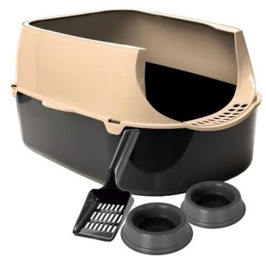 Imagem de Caixa de Areia para Gatos Grandes Sandbox Pet com Pá, Comedouro e Bebedouro – Banheiro Sanitário Resistente e Espaçoso(Bege)