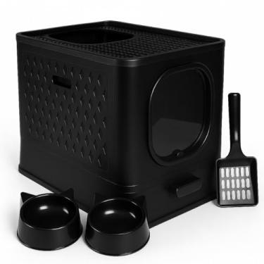 Imagem de Caixa de Areia Fechada para Gatos Sandbox Furba Aberta e Fechada com Bandeja e Comedouro – Sanitário Moderno e Higiênico(Sandbox Preto)