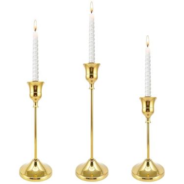 Imagem de Conjunto de 3 castiçais – Castiçais cônicos em 3 tamanhos, elegantes castiçais vintage modernos de latão/alumínio para decoração de casa, casamentos, festas, mesa de jantar e lareira