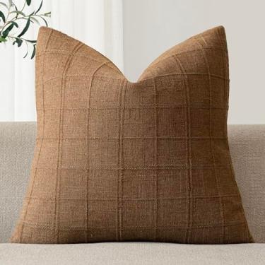 Imagem de Foindtower Conjunto de 1 capa de almofada decorativa xadrez de linho neutra fazenda vintage capa de almofada moderna boho decoração de casa para sofá cadeira sofá quarto sala de estar, 61 × 61 cm