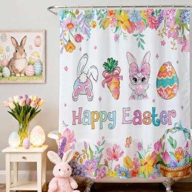 Imagem de Mocsicka Cortina de chuveiro de Páscoa, cortinas de chuveiro de Páscoa para banheiro, coelho, decoração de banheiro, lindo presente de primavera, ovos de coelho, cortina de banho com 12 ganchos (rosa