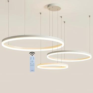 Imagem de Lustre LED moderno branco, dimerizável, com 4 anéis, 20+40+60+80 cm, 108 W, com controle remoto. Luminária pendente LED dimerizável para sala de estar, quarto, sala de jantar, teto ou sobre