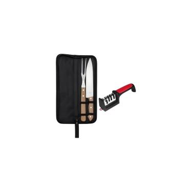 Imagem de Kit Churrasco Profissional 3 Peças, Faca 31cm, Garfo 27cm, Chaira 29cm, Aço Inox e Plástico, Conjunto para Churrasco em Família