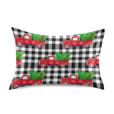 Imagem de Fronhas padrão Queen King Caminhões Vermelhos Árvores de Natal Fronhas de Cetim Xadrez para Cabelo Capa de Almofada Decorativa para Acne Pele King Size 101,6 cm x 50,8 cm