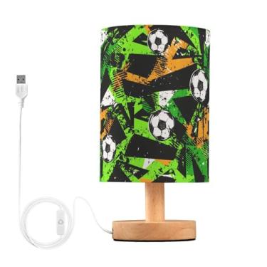 Imagem de Joisal Lâmpada de luz noturna pequena abstrata de futebol verde, preta, luminária de mesa lateral pequena com abajur de linho para mesa de escritório, móveis de quarto