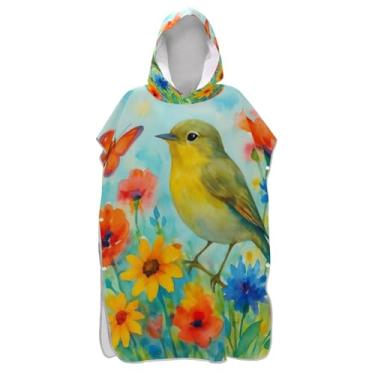 Imagem de Toalha de praia com capuz aquarela borboleta flores de pássaro de secagem rápida capa poncho toalha de banho, tamanho único