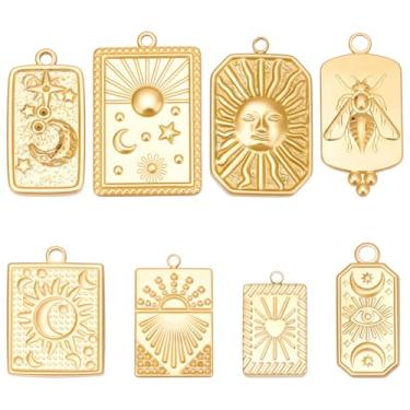 Imagem de SUNNYCLUE 1 caixa 8 estilos real banhado a ouro 18K pingente retangular ouro sol e lua pingentes de tarô em massa de aço inoxidável mágico inseto coração pingentes retangulares para fazer joias