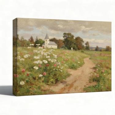 Imagem de Arte de parede em tela paisagem de caminho de igreja campo, impressão de pintura a óleo de prado floral, decoração de parede rústica de casa de fazenda para sala de estar quarto escritório, pronto