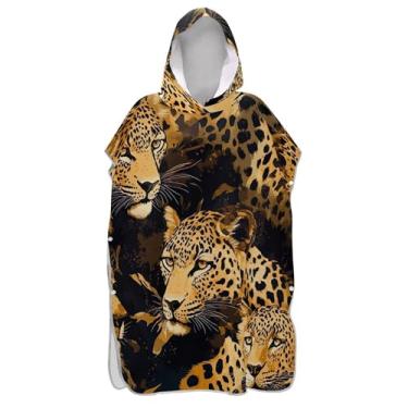 Imagem de Roupão de mudança realista marrom leopardo selvagem para adultos poncho de surfe com capuz toalha de natação bonito plus size unissex adulto poncho com capuz