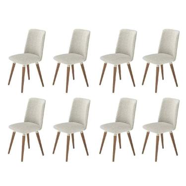 Imagem de Kit de 8 Cadeiras de Madeira Maciça Estofada Dakota - Natural c/ Bouclé Cru e PU Off White - Champanhe