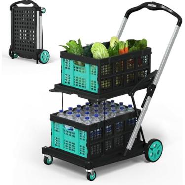 Imagem de Carrinho de compras dobrável, carrinho de compras dobrável com 2 caixas de armazenamento, capacidade de 158 kg, carrinhos de supermercado, escritório e atividades ao ar livre