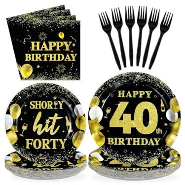 Imagem de Greencian 96 peças Shorty Hit 40 artigos de festa, preto e dourado, pratos e guardanapos de aniversário de 40 anos, balões de ouro, brinde a 40, conjunto de utensílios de mesa para mulheres e homens