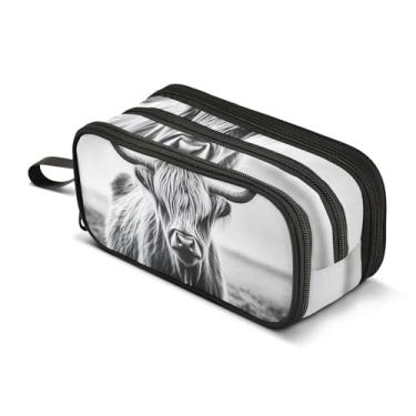 Imagem de Estojo de lápis Highland Cow preto e branco com zíper, bolsa para adolescentes, meninas, canetas, meninos, arte divertida, armazenamento de lápis, papelaria, organizador infantil, material escolar