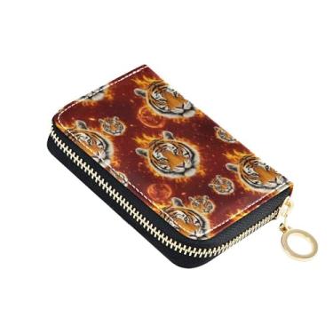 Imagem de Carteira feminina com 9 compartimentos para cartão de crédito e 2 compartimentos para dinheiro, carteira de couro com zíper e chaveiro tigre listras pretas laranja vívidas