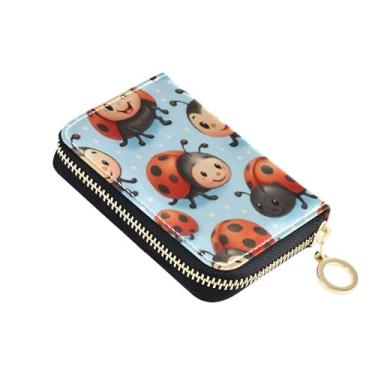 Imagem de Carteira feminina protetora de cartão de crédito com bloqueio de RFID, pequena carteira de viagem com zíper com chaveiro, joaninhas fofas de desenho animado azul claro