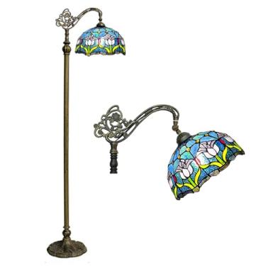 Imagem de Luminária de chão estilo Tiffany com vitral em formato de tulipa, 30x45x160 cm (12x18x63 polegadas), haste flexível ajustável, para leitura em cantos, ideal para quarto e sala de estar, azul