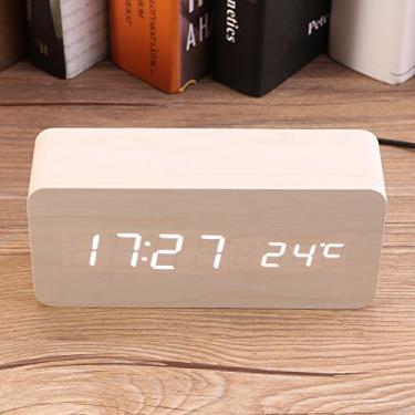 Imagem de GLOGLOW Relógio Despertador Digital de Madeira Com Display LED, Temperatura, Ativado por Voz, Alimentado por USB ou Bateria, Portátil para Decoração Diária de Casa e Escritório (madeira branca + luz
