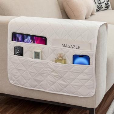 Imagem de DECKALY Suporte de poltrona organizador de sofá com controle remoto, suporte para poltrona, com 6 bolsos para tablets, smartphones, livros, canetas, revistas, iPad (off-white)