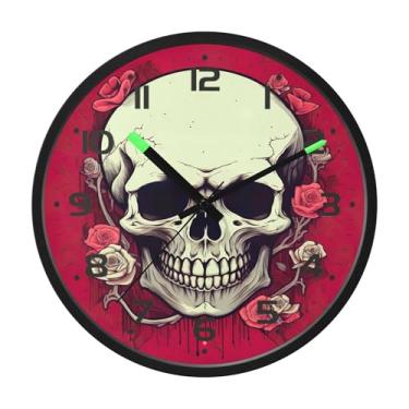 Imagem de SEHANY Relógio artístico de parede de caveira silencioso, sem tique-taque, relógio redondo operado por bateria, controle de som, luz noturna, relógios de parede para sala de estar, cozinha, quarto