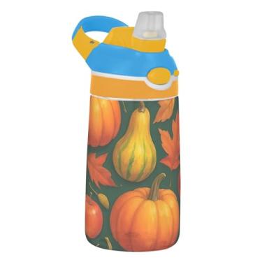 Imagem de Garrafa de água infantil colorida Autumn Harvest Pumpkins para escola, 473 ml, 473 ml, garrafa de água esportiva Tritan com canudo, copo infantil reutilizável à prova de vazamento, alça de transporte