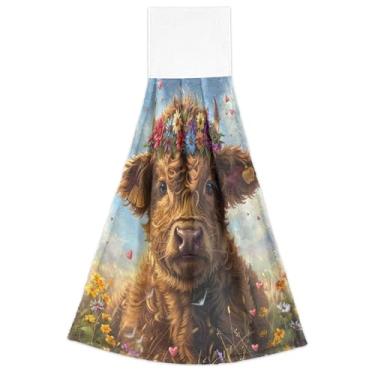 Imagem de Joitme Lindas toalhas de mão de flores de vaca Highland com laços para pendurar toalhas de gravata de forno macias absorventes conjunto de 2, essenciais de cozinha decorativos 18,2 x 14 polegadas