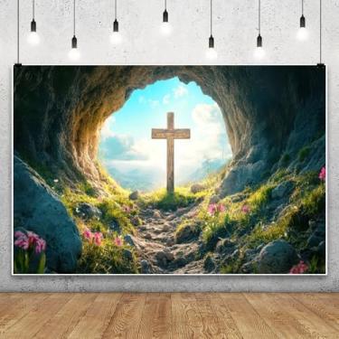 Imagem de Leowefowa 3 x 2,4 m, cenário de Páscoa, ressurreição de Jesus, fundo de tumba vazia, primavera, floral, Jesus Cristo, cruzes, caverna, cristianismo, igreja religiosa, eventos, festa de Páscoa