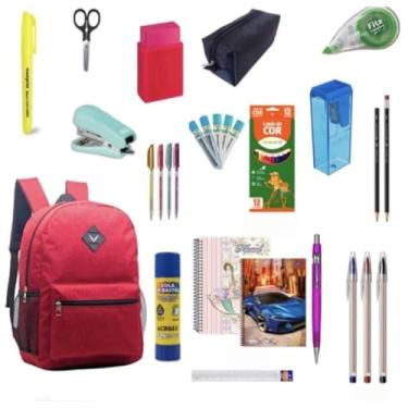 Imagem de Kit Material Escolar Completo 33 Item Com ou Sem Mochila Caneta Caderno Grampeado Lista Premium 2026 (VERMELH)