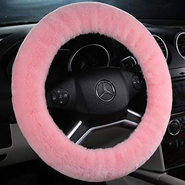 Imagem de OGLAND Capa de volante de carro de pele de carneiro de lã de pele natural, protetor para volante universal de 38 cm, antiderrapante, confortável e luxuoso, textura macia, presente para mulheres (rosa