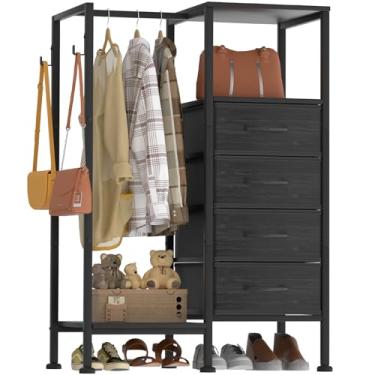 Imagem de VERONLY Cômoda com suporte para pendurar, armário pequeno de 4 gavetas para quarto, cômoda infantil de tecido reversível com suporte para roupas, torre de armazenamento alta, moldura resistente (preto