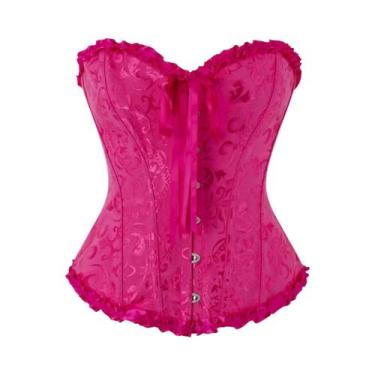 Imagem de Um vestido espartilho vermelho rosa com cintura apertada e uma senhora