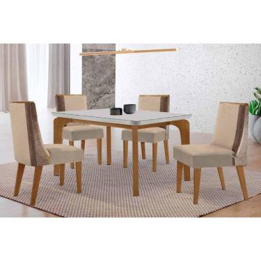 Imagem de Sala Jantar Mesa Londrina Tampo c/ Vidro Curvo 120cm 4 Cadeiras Tilia Madeira Naturale/Off White - Capuccino/Linho Bege - Rufato
