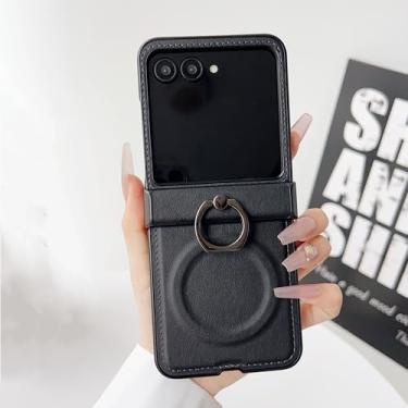 Imagem de Capa clássica de couro com suporte magnético em anel de metal para Samsung Z Flip 6 5 4 3 5g com fivela de dedo (para Galaxy Z Flip 5/Preto)