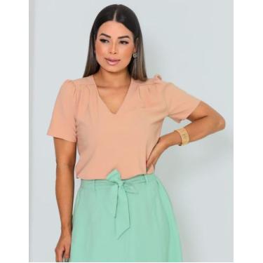 Imagem de Blusa Feminina Manga Curta Social Gola V - Rezes Moda, Nude, GG