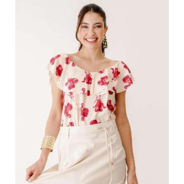 Imagem de Blusa Feminina Babado Estampa Flores Marisa-61054, Bege, P