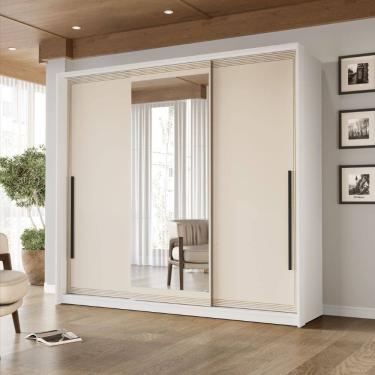 Imagem de Guarda Roupa Roupeiro 3 portas de correr 4 gavetas com Espelho Valência Branco Creme Politorno Móveis