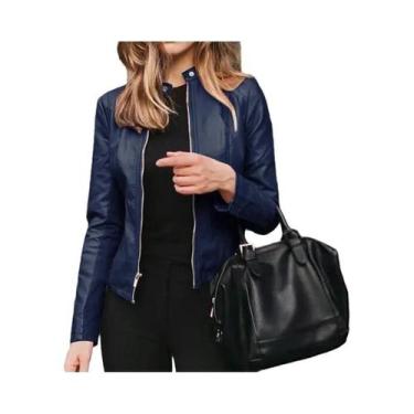 Imagem de Jaqueta Feminina Slim Fit De material sintético Estilo Motoqueiro Com 